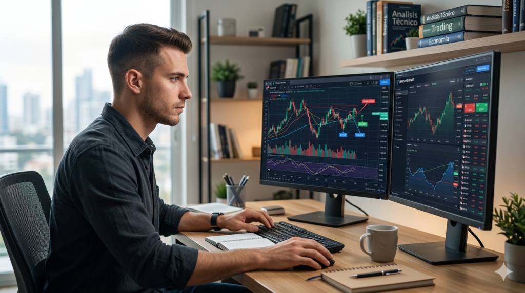 Chico delante de ordenador haciendo trading